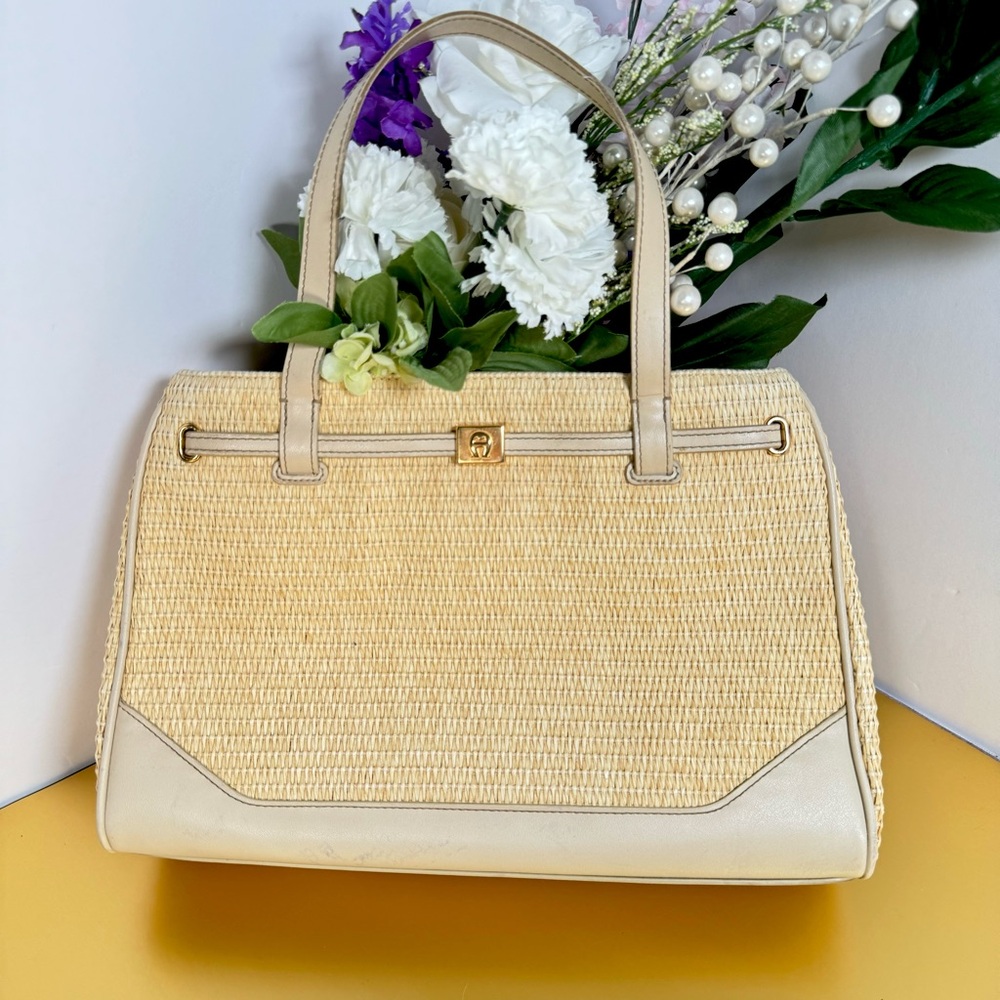 Etienne Aigner summer straw bag neutral faux leather handbag , tote bag